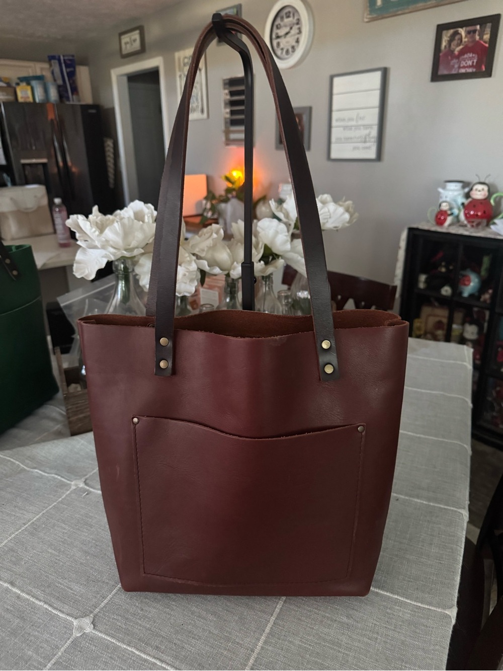 Portland Leather Burgundy Tote with Dark Brown Straps